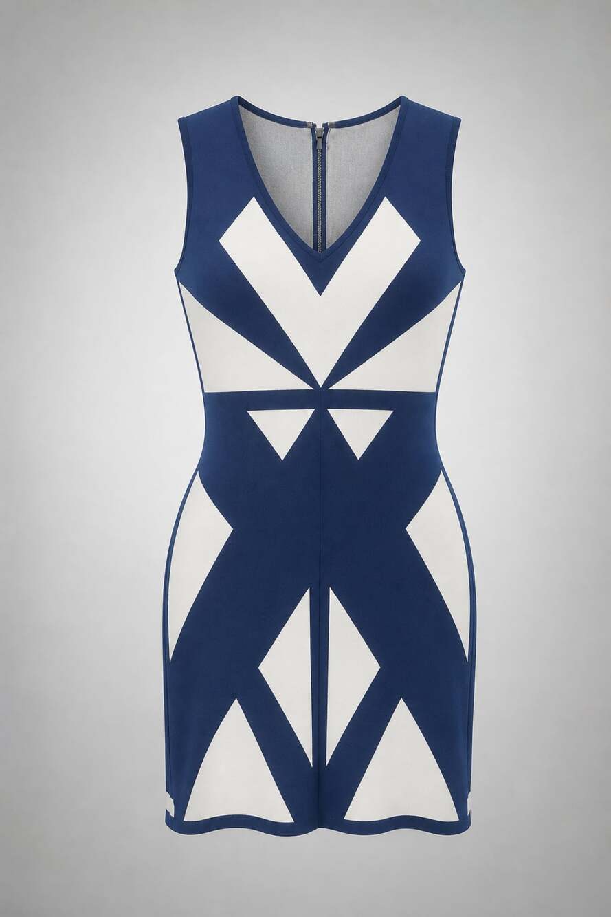 BCBGMaxAzria Geometric Dress Size M Blue White Bodycon Sleeveless
